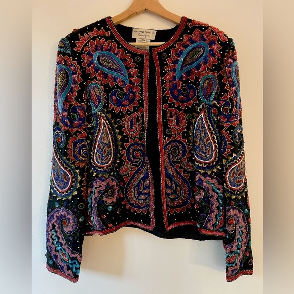 Vintage 80s 90s Adrianna Papell Silk Beaded Paisley Evening Jacket Bolero XL - Picture 1 of 9